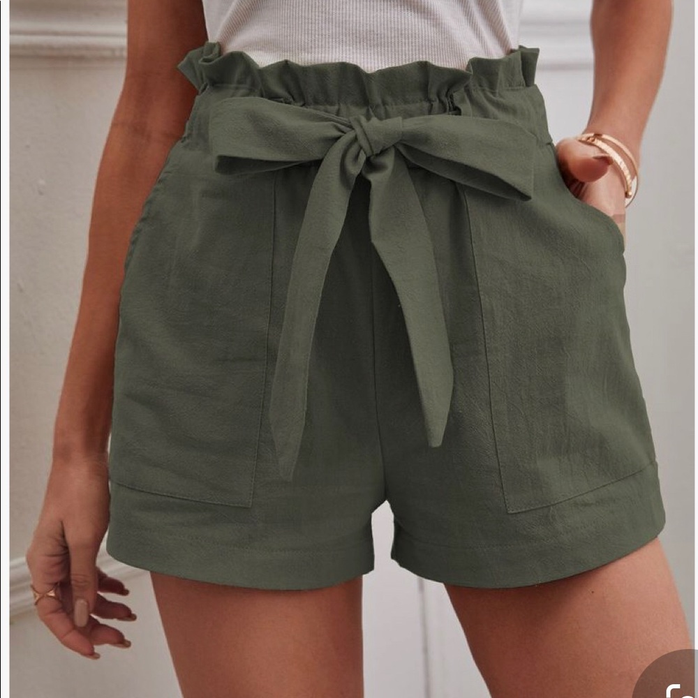 Solid Paper Bag Shorts available in Olive